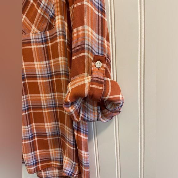 Joie Silk Burnt Orange Plaid V Neck Collarless Blouse Button Cuff Long Sleeve S - Picture 10 of 10